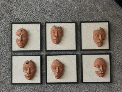 Artisanal 3D Surrealist Terracotta Face Sand Art Gallery Set 6