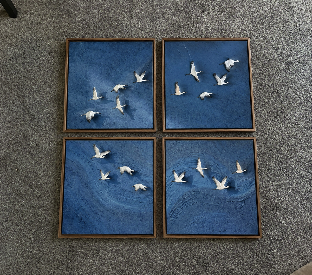 Set of 4 Handmade Blue Flying Birds Wall Art Paintings – Premium Textured Wooden Frame Wall Decor