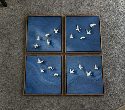 Set of 4 Handmade Blue Flying Birds Wall Art Paintings – Premium Textured Wooden Frame Wall Decor