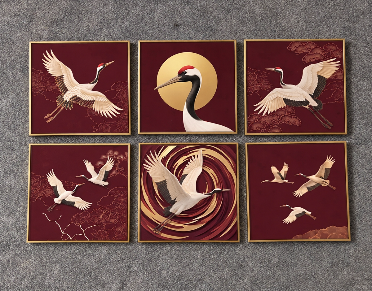 Golden Sunset Red-Crowned Cranes Painting Set – 6-Piece Luxury Oriental Home Decor Wall Art