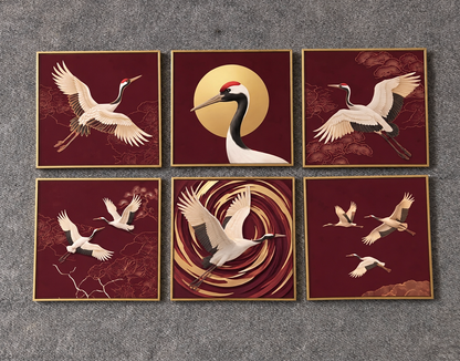 Golden Sunset Red-Crowned Cranes Painting Set – 6-Piece Luxury Oriental Home Decor Wall Art