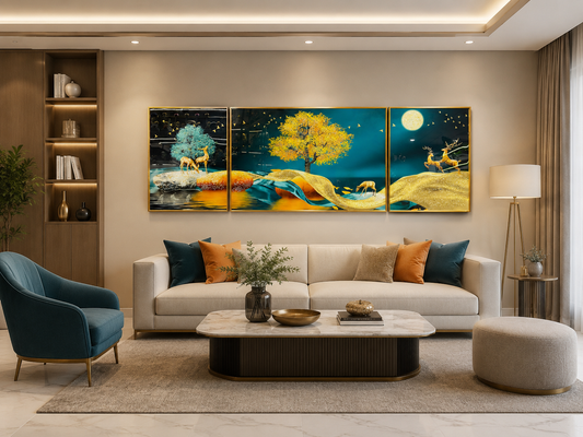 Luxury Golden Deer Crystal Wall Painting Set of 3