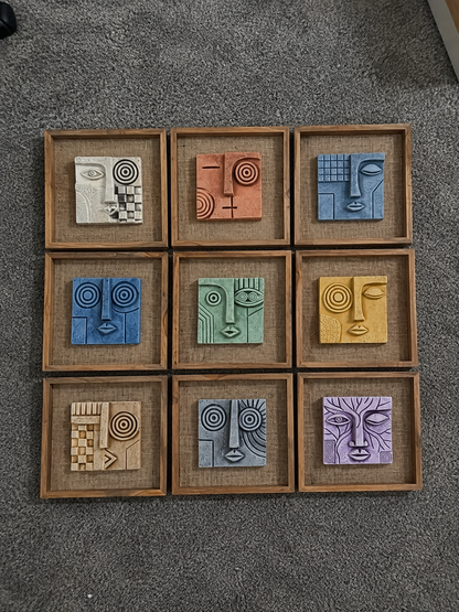 Artisanal 3D Cubist Face Sand Art Gallery Set of 9