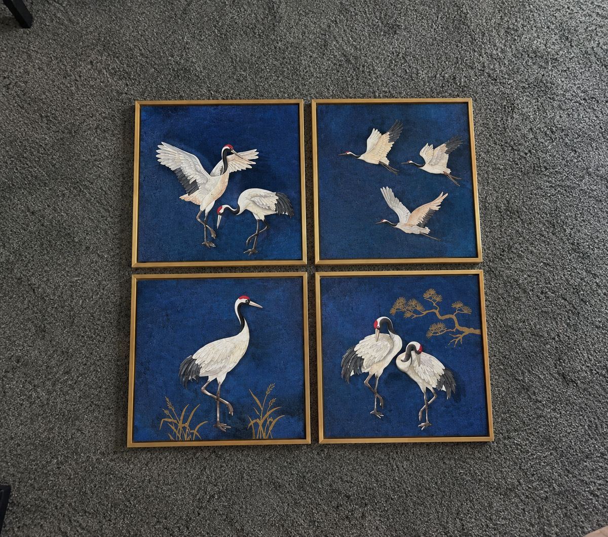 Set of 4 Handmade Blue Crane Bird Wall Art Paintings with Golden Accents – Luxury Framed Wall Decor