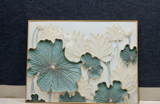 WHITE AND GREEN LEAVES CRYSTAL HD WALL PAINTING WITH GOLDEN FRAME
