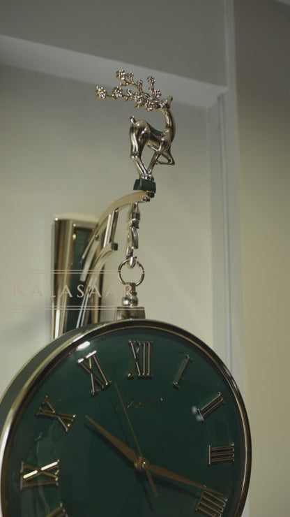 Elegant Double-Sided Wall Clock with Deer Top – Green