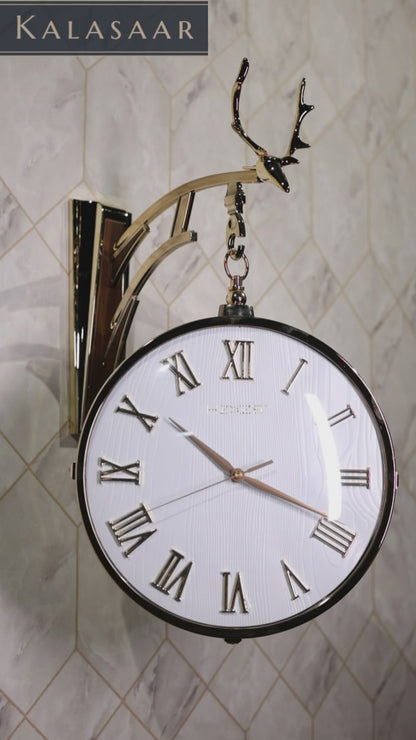 Rustic Brown & white Double-Sided Deer Head Hanging Clock