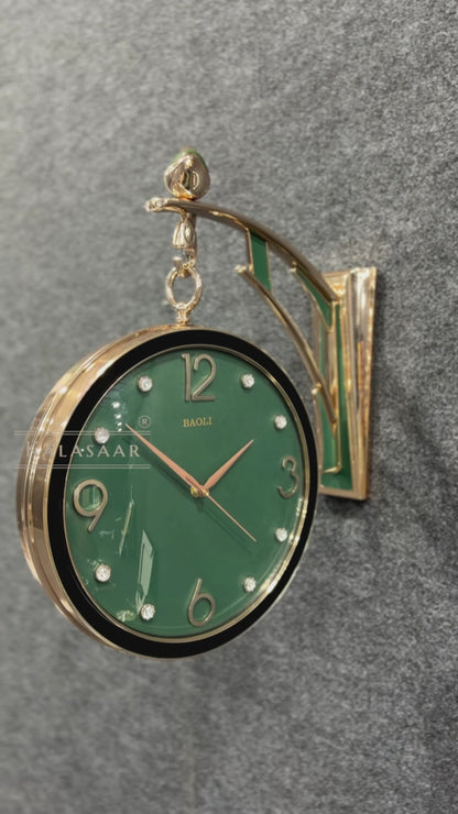 Kalasaar Decor Royal Emerald Green & Gold Double-Sided Wall Clock with Crystal Accents