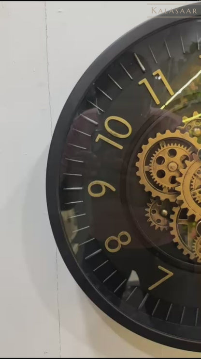 Modern Black and Gold Metal Gear Wall Clock