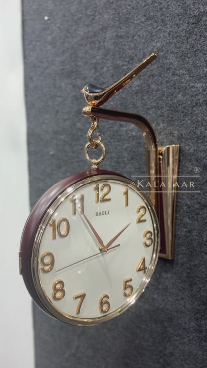 Kalasaar Decor Royal Mahogany Brown & Rose Gold Double-Sided Wall Clock with Bird Accent