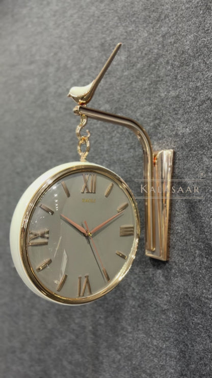 Kalasaar Decor Royal Grey Leather-Texture & Gold Double-Sided Wall Clock with Bird Accent