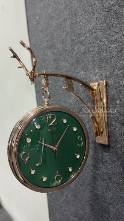 Luxury Dual-Sided Station Clock – Emerald Green Dial with Crystal Markers & Golden Stag Motif