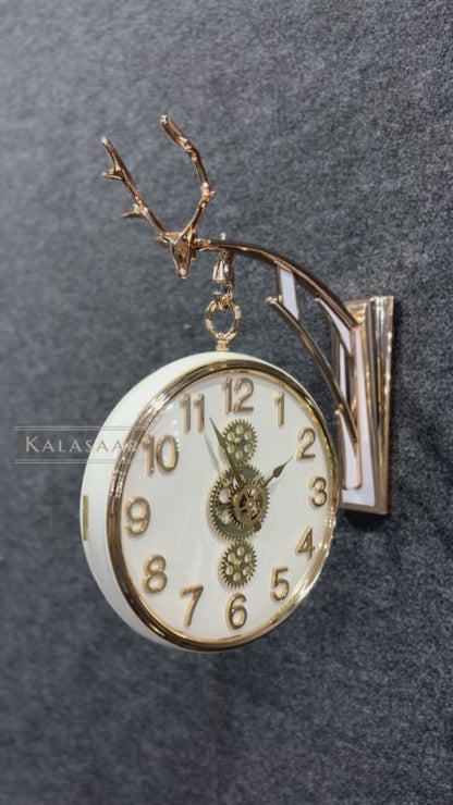 Luxury Dual-Sided Station Clock – Off-White & Gold Finish with Working Mechanical Gears & Deer Head Motif