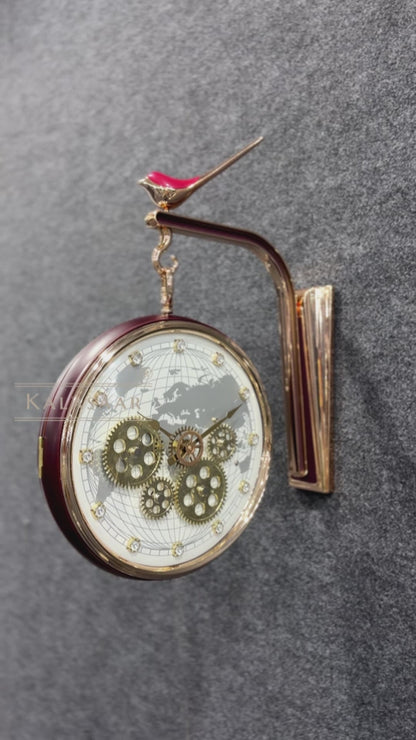 Luxury Dual-Sided Station Clock – World Map & Crystal Accents with Visible Mechanical Gears