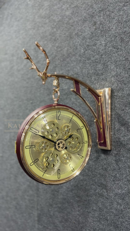 Luxury Dual-Sided Station Clock – Deep Wood-Tone Casing with Visible Mechanical Gears & Stag Motif
