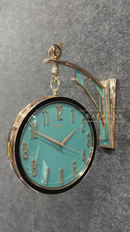 Luxury Dual-Sided Station Clock – Teal Blue Dial with Crystal Markers & Bird Accent