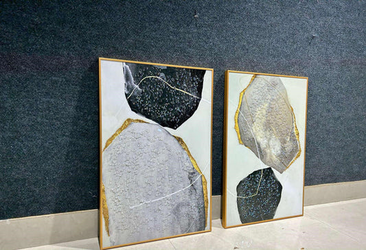 SILVER BLACK CRYSTAL STONE WITH GOLD BORDER WALL PAINTING SET OF 2