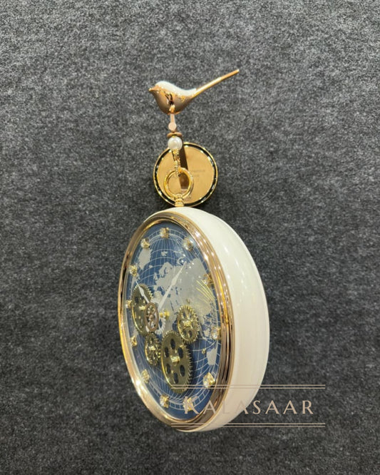 Kalasaar Luxe White Gear Double-Sided Clock with Golden Accents